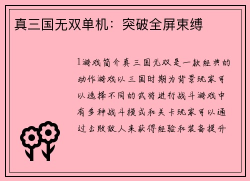 真三国无双单机：突破全屏束缚