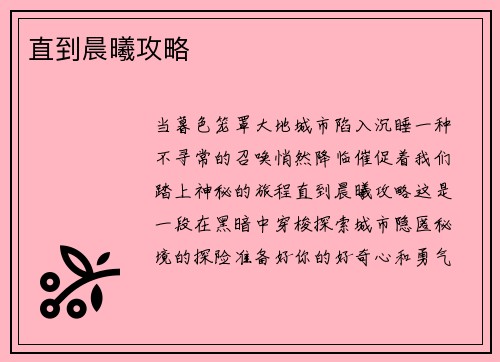 直到晨曦攻略